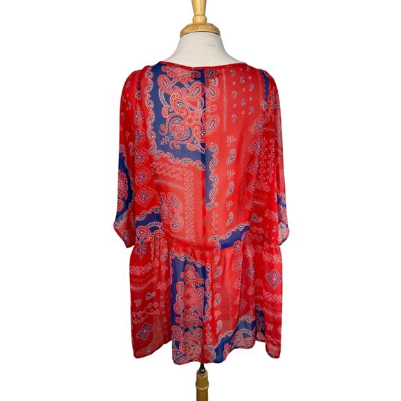 LANE BRYANT Handkerchief Print Sheer Blouse in Red White Blue Size 22/24 Womens - Picture 3 of 9
